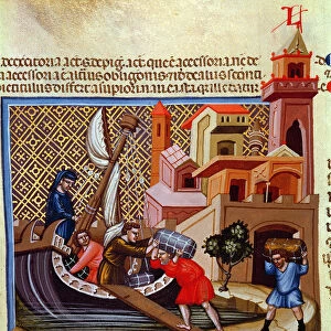 Shipment of goods on a boat, Miniature in Codex Justinian Institutiones Feodorum et Alia