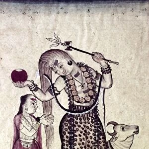 Siva, followed by his consort Parvati, walking with the Bull, Nandi, c1730
