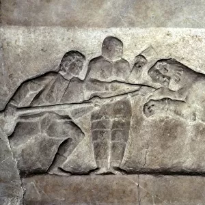 Stone relief ofStone relief of Gladiators fighting a lion, Turkey, c 323BC-31BC