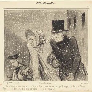 Print of a man holding an umbrella, looking out the window at snow Print of a man holding an umbrella, looking out the window at snow