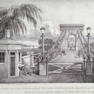 View of the entrance to the suspension bridge at Hammersmith... London, 1827
