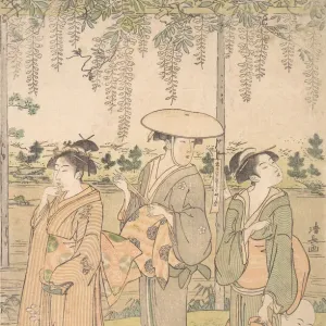 Three Women and a Small Boy beneath a Wisteria Arbor on the Bank of a Stream, ca. 1790