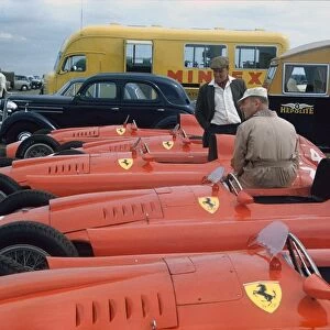 1956 British Grand Prix: All four Lancia Ferrari D50s in the paddock, atmosphere