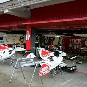 Formula One World Championship: The BAR team prepare the cars in the garages before the announcement of their 2 race ban