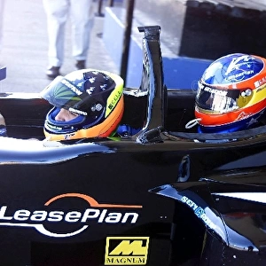 Minardi 2 Seater Celebrity Day: Tarso Marques takes team mate Fernando Alonso for a ride in the 2 seater