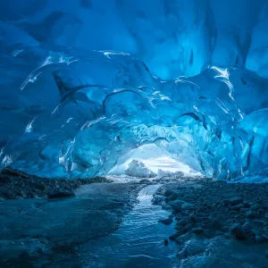 Blue glacial ice inside an ice cave, Tongass National Forest, Alaska, USA