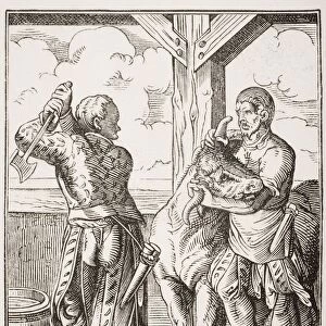 The Butcher And His Servant. 19Th Century Reproduction Of 16Th Century Engraving By Jost Amman