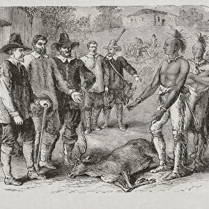 In the early 17th century English settlers in the Colony of Virginia trade with local Indians for the carcass of a deer. After a work by an unknown artist
