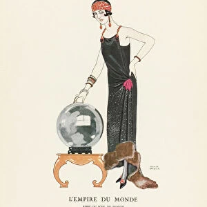 EDITORIAL L Empire du Monde. The Empire of the World. Robe du Soir, de Worth. Evening dress by Worth. Art-deco fashion illustration by French artist George Barbier, 1882-1932. The work was created for the Gazette du Bon Ton, a Parisian fashion magazine published between 1912-1915 and 1919-1925