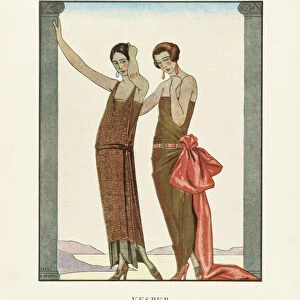 EDITORIAL Vesper. Evening. Robes du Soir, de Worth. Evening dresses by Worth. Art-deco fashion illustration by French artist George Barbier, 1882-1932. The work was created for the Gazette du Bon Ton, a Parisian fashion magazine published between 1912-1915 and 1919-1925