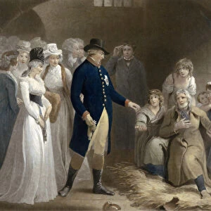 George III visits the prison at Dorchester with his family. Royal Beneficence. From a print by Charles Howard Hodges dated 1793, after a work by Thomas Stothard. The King, touched by the plight of a man imprisoned for over seven years for a debt of £220 paid that sum to have the man released