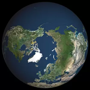 Globe North Pole, True Colour Satellite Image. Cloudless true colour satellite image of the Earth, c