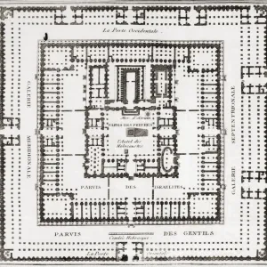 An imaginary plan of the Temple of Jerusalem, built after the the return of the Jews from their captivity in Babylon. After an illustration in La Geographie Sacree, et les Monuments de l Histoire Sainte by Joseph-Romain July, published Paris, 1784; Illustration