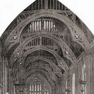 Interior of the medieval Guildhall Great Hall, London, England in the 19th century. From London Pictures, published 1890