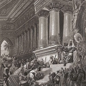 King Solomon in his court receiving gifts from foreign kings and princes. Solomon, King of Israel, also called Jedidiah, reigned c. 970 - 931 BC. After a 19th century illustration by German born American artist Thomas Nast