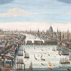 London, 1751. View up the River Thames to London Bridge and St Pauls Cathedral. Later colourization