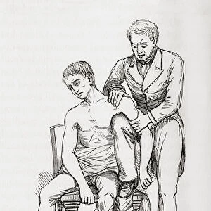 Method of reducing dislocation of the shoulder with knee in armpit. From The Household Physician, published c. 1898