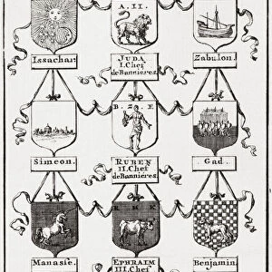 Shields of the twelve tribes of Israel, from a work published by Pieter Mortier in Amsterdam, 1705
