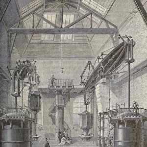 Steam powered pumps at the Chaillot fire station, Paris, France circa 1850. After a mid 19th century illustration; Illustration
