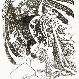 A Warrior With A Shield Emblazoned With A Lion From The Belgian Coat Of Arms Battles The German Eagle. After And Illustration By Walter Crane In King AlbertA┼¢S Book, Published 1915. A Warrior With A Shield Emblazoned With A Lion From The Belgian Coast Of Arms Battles The German Eagle