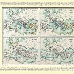 Map of Europe showing how it appeared between AD 565 and AD 720 on 4 map panels for each period