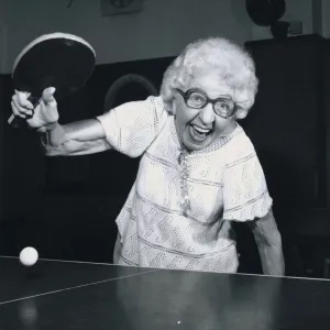 76 year old pensioner Edna Brock playing table tennis, Edna has been playing the game for