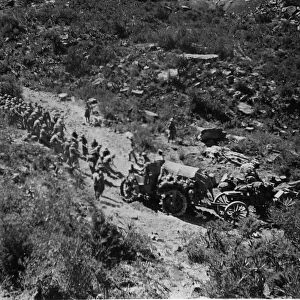 Abyssinian War Circa October 1935 Italian forces seen here manhandling a 120mm gun