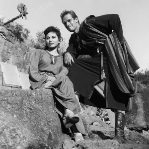 Actors Haya Harareet and Charlton Heston between takes during the making of the film Ben