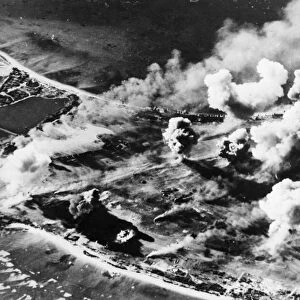 US aircraft bomb the Japanese airbase on the Kwajalein Atoll. April 1944
