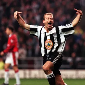 Alan Shearer of Newcastle United celebrates as his team win 5-0 against Manchester United