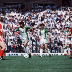 Algeria v Austria World Cup 1982 football Salah Assad takes on Bruno Pezzey