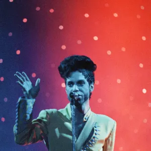 American pop star Prince performing on stage at Earls Court