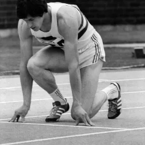 British athlete Alan Wells on the starting blocks before a race. July 1978