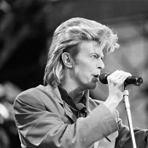 British pop singer David Bowie performing on stage at Wembley. 20th June 1987