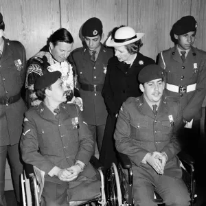 British Prime Minister Margaret Thatcher meets disabled veterans at the Falklands Victory