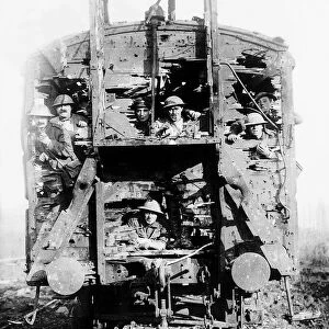 British soldiers aboard French railway coach 1916 wrecked by shell fire in World