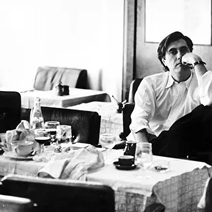 Bryan Ferry Singer sitting in empty restaurant in Paris where he is recording a new album