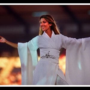 Celine Dion at Murrayfield Edinburgh July 1999 White kimono holding microphone