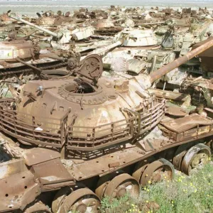 A collection of Iraqi tanks rusting in a scrap yard close to Kuwait City are a reminder