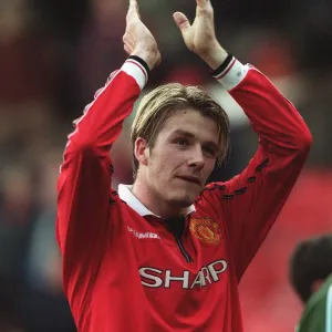 David Beckham celebrating after Manchester United Feb 1999 had beaten Southampton