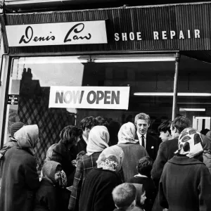 Denis Law of Manchester United opens his shoe repair shop in Moston lane, Blackley