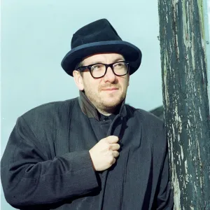 Elvis Costello singer outside local pub The Johnny Fox Mar 1999 near Dublin in