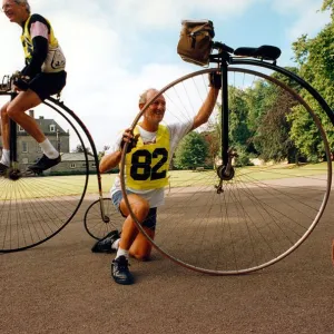 Eric Lunn from Peterbrough stops at Wallington Mansion to check his penny farthing