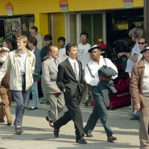 Only Fools and Horses cast members walk along the seafront at Margate beach during