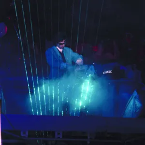 French composer and performer Jean Michel Jarre seen here on stage playing a laser harp