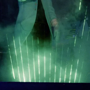 French composer and performer Jean Michel Jarre seen here on stage playing a laser harp