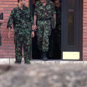 General Mike Jackson leaves Restaurant at Blace near Skopje Macedonia after talks with