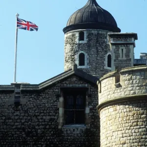 General view of the Tower of London showing a Union Jack Flag