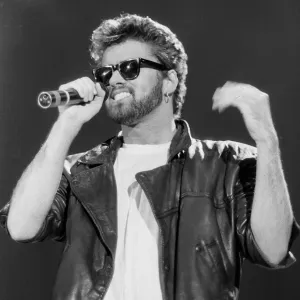 George Michael pop singer on stage at Live Aid Concert 1985 Wembley Stadium