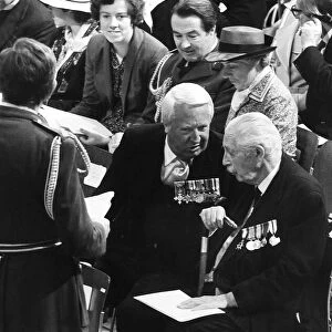 Harold MacMillan former Prime Minister talks to Edward Ted Heath former Prime Minister at
